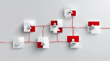 Structured layout of icon blocks and red strings, teamwork concept