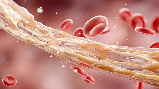 Blood cells flowing through a vascular system, highlighting health and biology concepts.