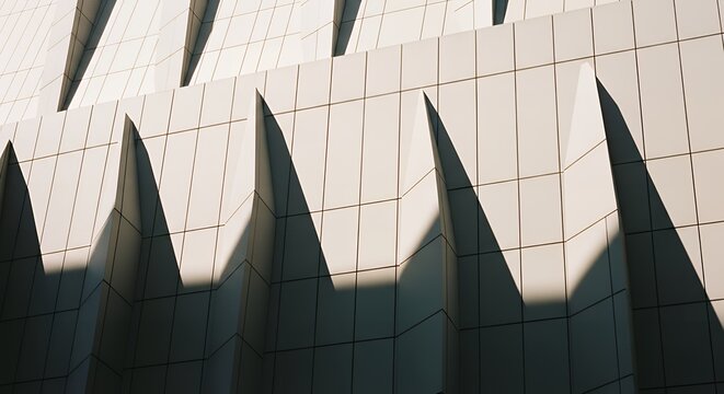 Angular facade of a modern building with sharp geometric shapes and strong shadows from the sun.