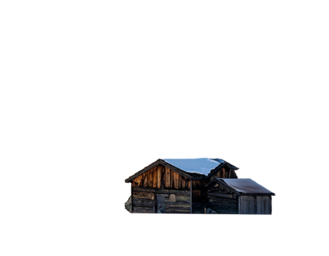 Rustic, weathered wooden cabins nestled in a landscape against a dark background with snowy roofs