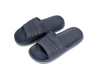 New mens or womans sport slide sandals for shower, pool, gym. Blue beach slippers isolated on white background. Lightweight and comfortable leisure shoes