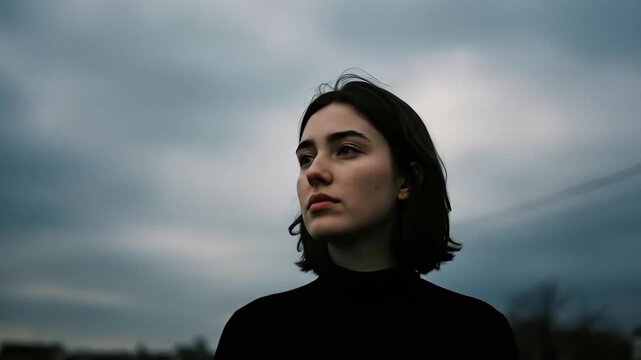 Thoughtful Young Woman Gazing Out Under a Dramatic Overcast Sky, Low Angle Cinematic Portrait