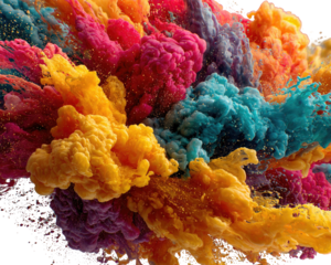 Vibrant cloud-like explosion of colorful pigment swirling in water