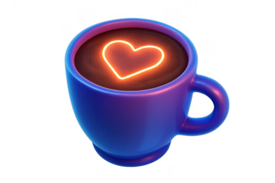 Blue coffee cup offering hot coffee with glowing neon heart symbol for love and romance, transparent background