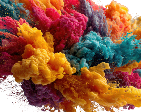 Vibrant cloud-like explosion of colorful pigment swirling in water