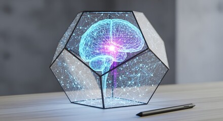 Digital AI Terrarium with Glowing Holographic Brain