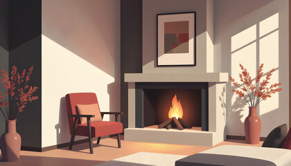 Fototapeta premium Cozy Living Room with Modern Fireplace and Warm Color Accents for Home Decor