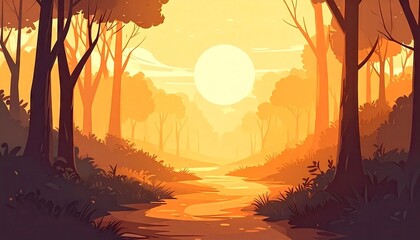 Golden Forest Stream - A Serene Landscape at Sunset.