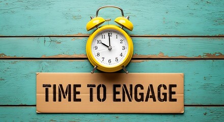 Yellow alarm clock on distressed wood teal background