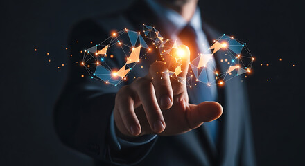 A man in a suit touching a glowing polygonal network with his finger in a dark environment
