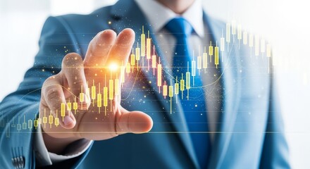 Businessman in suit interacting with stock market chart on digital interface screen view