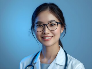 Professional Female Doctor Portrait in White Lab Coat with Stethoscope on Blue Background