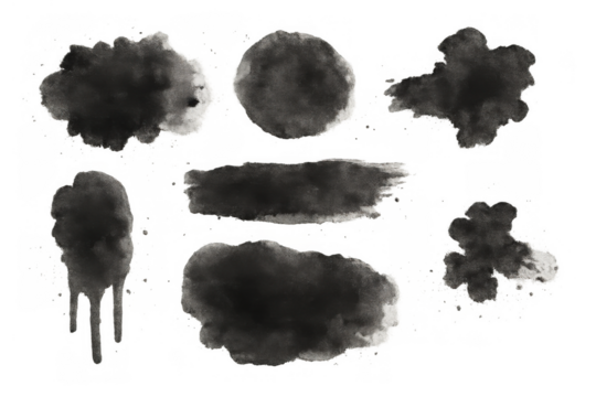 Set of dark ink blotches, drips, texture elements, and brush marks providing a dirty street art visual