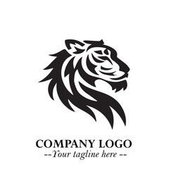Powerful Head of Tiger Logo Symbol in Black on White Background with Bold Modern Minimalist Design