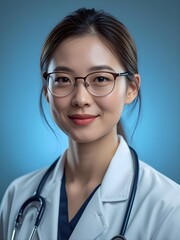 Professional Female Doctor Portrait in White Lab Coat with Stethoscope on Blue Background