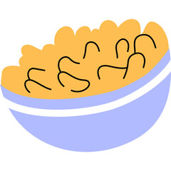 A simple cartoon illustration of a bowl filled with yellow cereal and black squiggly lines representing the cereal pieces against a transparent background with a light blue rim on the bowl