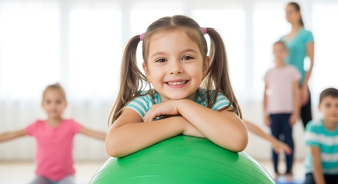Smiling girl on green ball with children happy