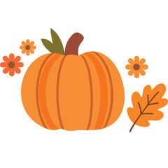 A Simple Cartoon Pumpkin with Autumn Flowers and Leaves on a Transparent Background Perfect for Fall Decorations and Seasonal Designs
