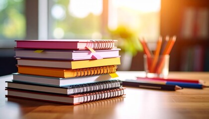 Colorful Notebooks and Stationery on a Wooden Desk in Sunlight