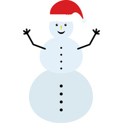 A simple cartoon snowman with a red santa hat and black stick arms on a transparent white background with black dot buttons down its body and a happy face