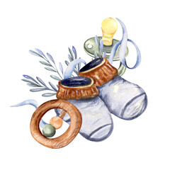 Watercolor baby composition with shoes, rattle and pacifier