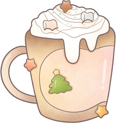 a cup of hot chocolate with milk foam, marshmallows and cookies.