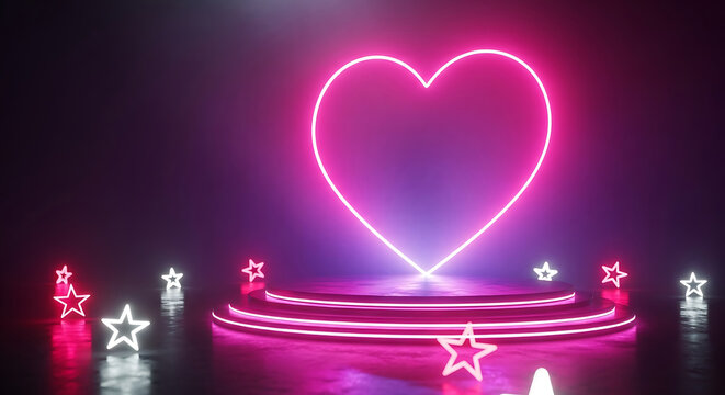 Neon heart shape podium with stars and vibrant pink glow