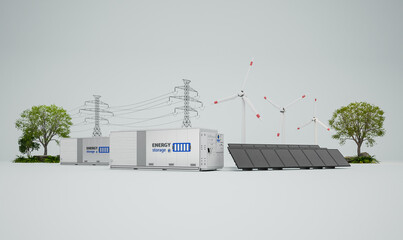 Alternative energy concept with group of energy storage systems or battery container units with various sources of energy © phonlamaiphoto