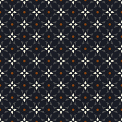 Cute small white flowers pattern round shapes motif continuous classic black background. Modern decoration elegant floral fabric design textile swatch women's dress, men's shirt all over print block.