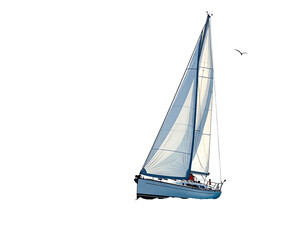 Fototapeta premium Sailing boat is on the water with open sails, against a black backdrop with a seabird soaring above it