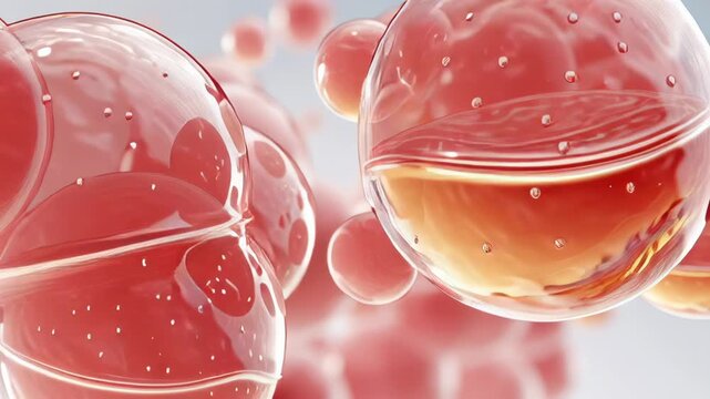 Abstract representation of red and transparent bubbles on a light background.