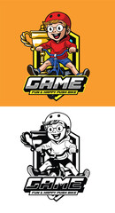 Childern playing balance bike illustration for logo with black and white version