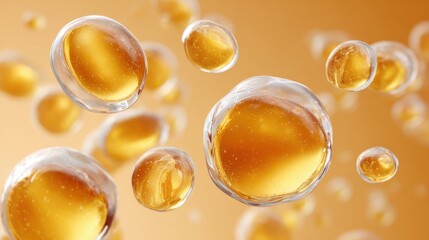 Bubbles floating in a warm, golden liquid against a soft background.