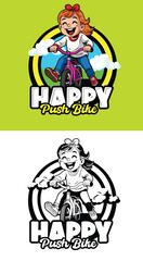 Childern playing balance bike illustration for logo with black and white version