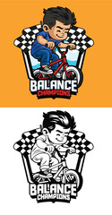 Childern playing balance bike illustration for logo with black and white version