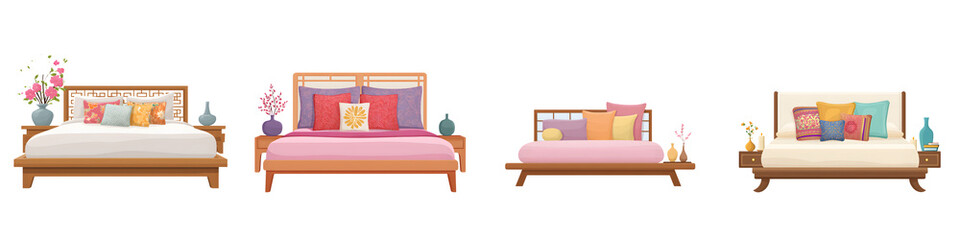 Bedroom Interior Design Set: Asian Style Furniture Illustrations