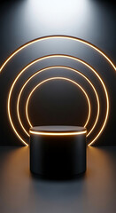 Obraz premium Dark cylindrical platform with glowing orange neon rings in a circular arrangement