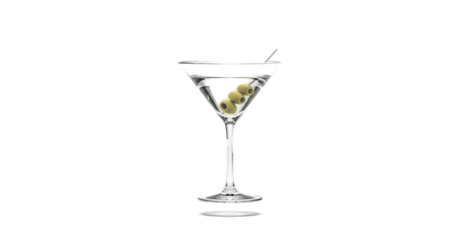Isolated Martini Cocktail with Olives on Black Background