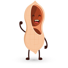 Happy Cartoon Peanut Character Waving One Hand with a Big Smile and Transparent Background