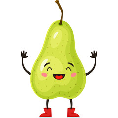 Happy Cartoon Pear Character With Red Boots And Cute Face Waving Arms On White Background