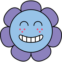 Happy Blue Flower Character With Purple Petals And Freckles Cheerful Expression And Big Smile And Closed Eyes On Transparent Background