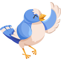 Happy Blue Bird Waving Right Wing Standing on Yellow Legs with Eyes Closed and Mouth Open on Transparent Background