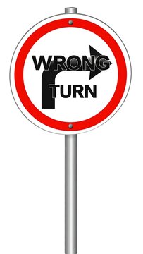 A round road sign indicating a wrong turn with a right arrow