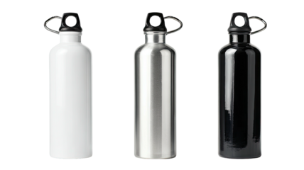 Trio of sleek water bottles white, silver, & black, cap facing front