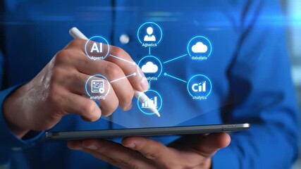 Business Man Digital Tablet Interacts Network Connection in Blue Tones - Powered by Adobe