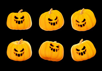 Set of Halloween pumpkin faces with a variety of scary and happy expressions isolated on black background. Halloween Jack o Lantern Pumpkins with a spooky faces.3D illustration