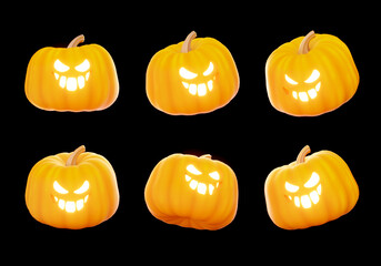 Set of Halloween pumpkin faces with a variety of scary and happy expressions isolated on black background. Halloween Jack o Lantern Pumpkins with a spooky faces.3D illustration