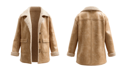 Tan suede jacket front/back view, fur collar and cuffs detail