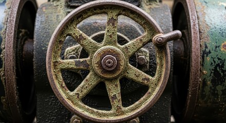 Obraz premium Rusty metal wheel on industrial machinery with weathered texture and patina