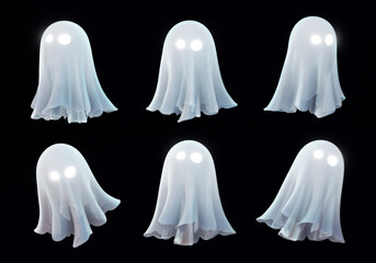 Set of 3D halloween ghost isolated on black background. Cute ghosts in various white sheet costumes. Childish spooky boo characters. October holiday spirits. Cute ghost characters. 3d halloween icons